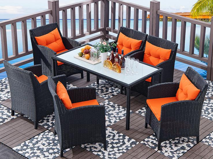Outdoor table and chair,bold metal frame + PE rattan + high resilience sponge+ glass,,160*80*72cm