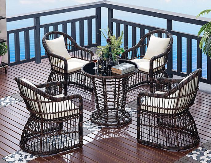 Outdoor table and chair,thick metal frame + PE rattan + high density sponge cushion + tempered glass,75*77cm