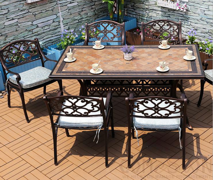 Outdoor cast aluminum tables and chairs