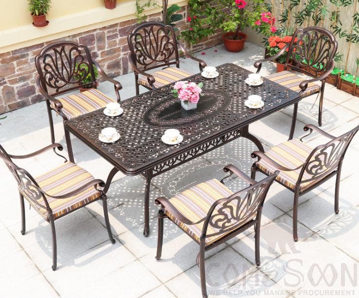 Outdoor cast aluminum tables and chairs