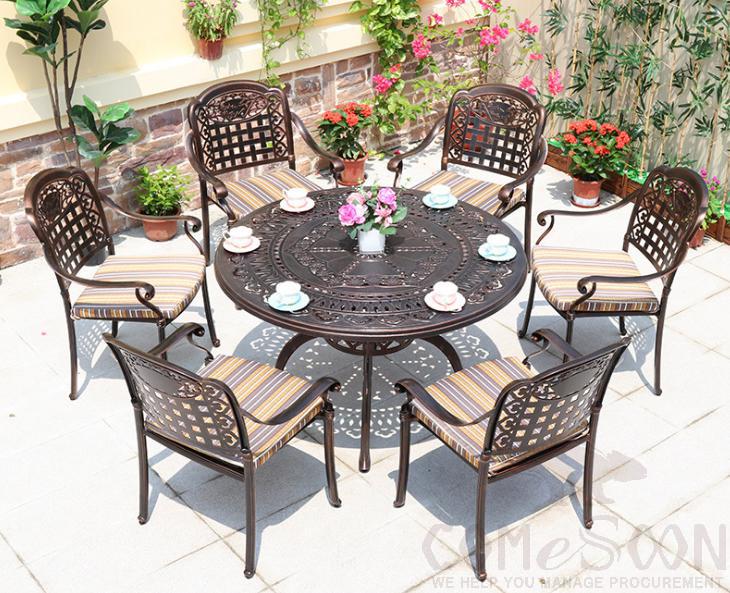 Outdoor cast aluminum tables and chairs