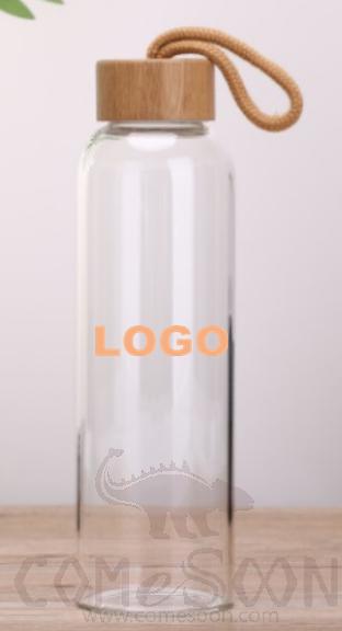 Glass Water Bottle w/ logo Bamboo Lid  500ml