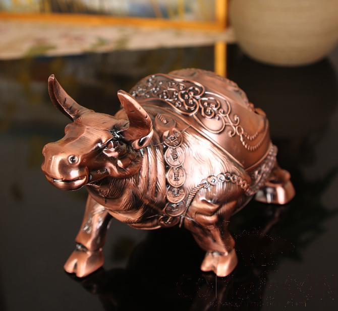 Head Up Cow Ashtray，Zinc Alloy，Red Antique，L20*W9*H13cm