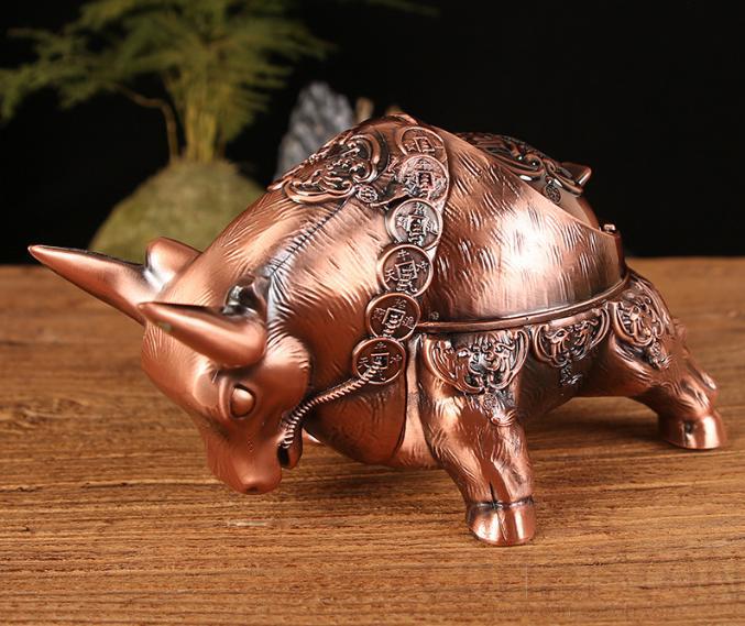 Low Head Beckoning Cow Ashtray，Zinc Alloy，Red Antique，L20*W9*H13cm
