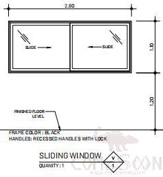 Aluminum Sliding window, Black, 2600*1100mm