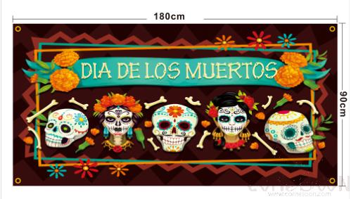 Day Of The Dead Background Decorated With Flags,Polyester Cloth,180*90cm