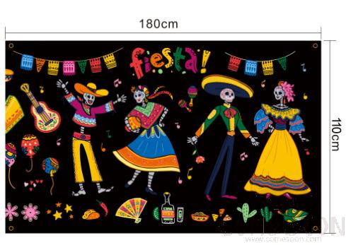 Day Of The Dead Background Decorated With Flags,Polyester Cloth,180*100cm