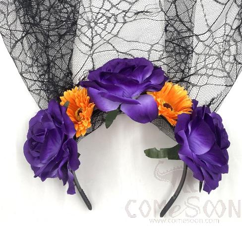 Halloween Simulation Flower Veil Dark Tie Headband,Polyester Cloth