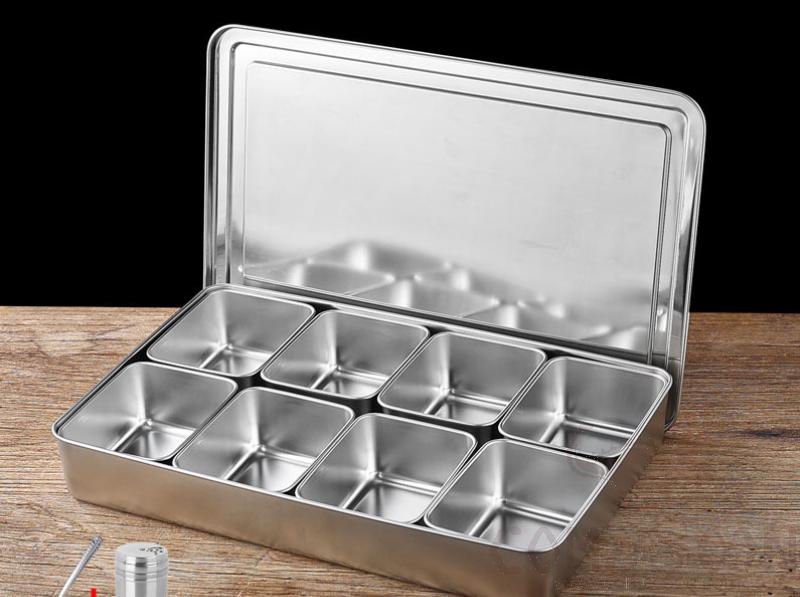 304 Stainless Steel Japanese Multi-Purpose Seasoning Box 8 Compartments + 8 Spoons, L43.8*W29*H6.4cm