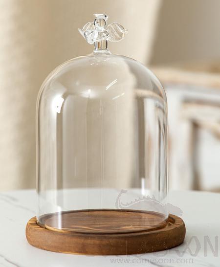 Angel Glass Cover With Wood Base D12*16cm