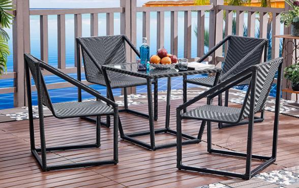 Outdoor table and chair,thick iron pipe + PE rattan+metal frame +tempered glass,,73*73*65cm