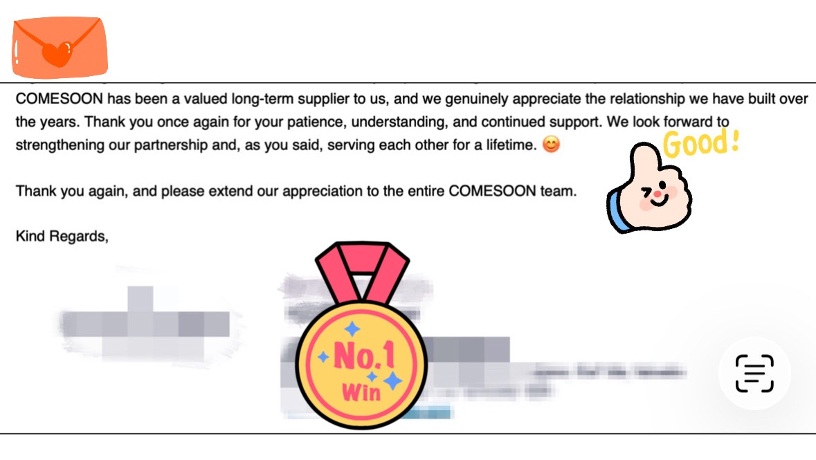 Client email screenshot expressing appreciation to the COMESOON team