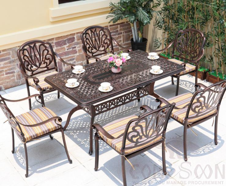 Outdoor cast aluminum tables and chairs