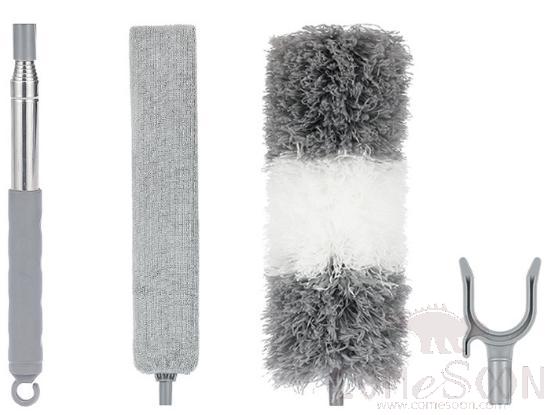 Dust removal package,W/ Short telescopic rod and Bed bottom brush and Gray white microfiber head and Clothes drying fork