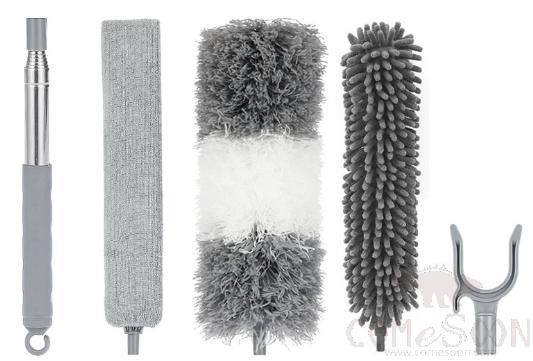 Dust removal package,W/ Short telescopic rod and Bed bottom brush and Gray white microfiber head and Chenille head and Clothes drying fork