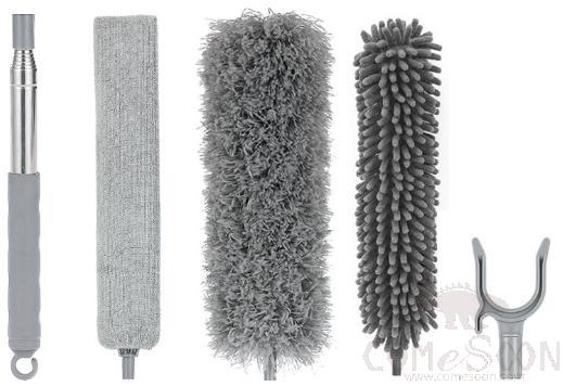Dust removal package,W/ Short telescopic rod and Bed brush and Gray microfiber head and Chenille head and Clothes drying fork