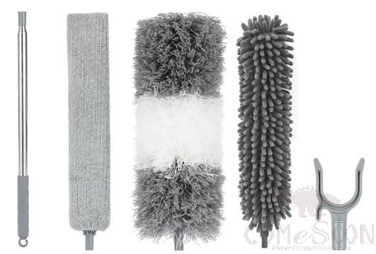 Dust removal package,W/ Short telescopic rod and Bed brush and Gray microfiber head and Chenille head and Clothes drying fork