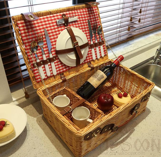 Picnic basket,45*32*18cm,Wicker,Light yellow W/ Tableware for two and 1.5*2m Picnic mat