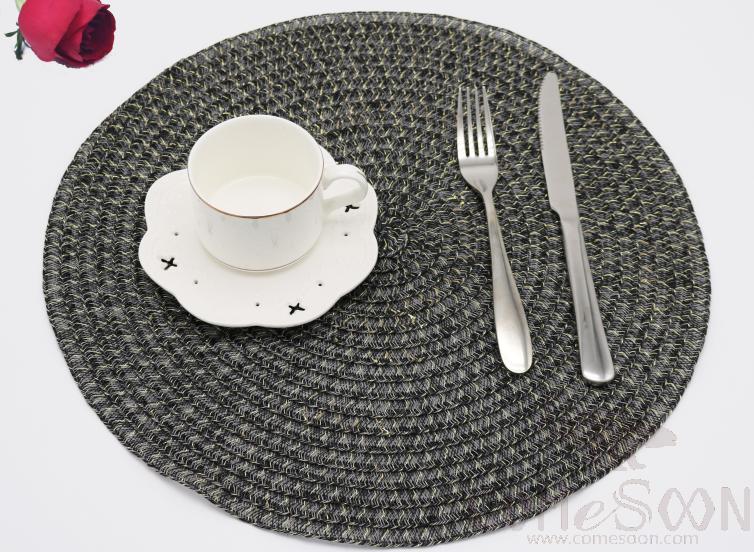 Food Grade Pe Black Mixed Color Pe Webbing Placemat With Gold Shiny Silk