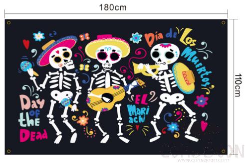 Day Of The Dead Background Decorated With Flags,Polyester Cloth,180*100cm