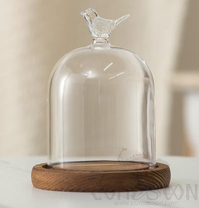 Bird Glass Cover With Wood Base D9*11cm