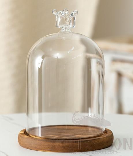 Crown Glass Cover With Wood Base D12*16cm